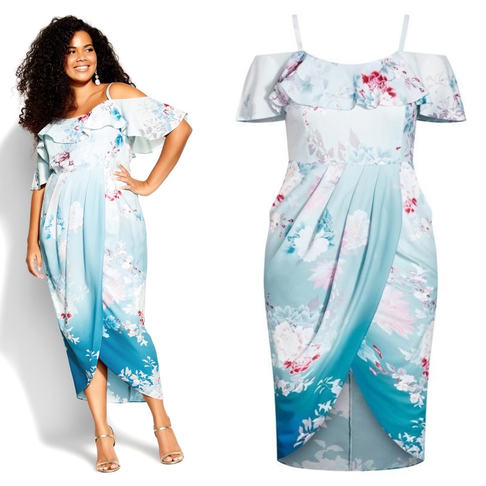 City Chic Off The Shoulder Ruffle Tsubaki Print Midi Dress Size 14